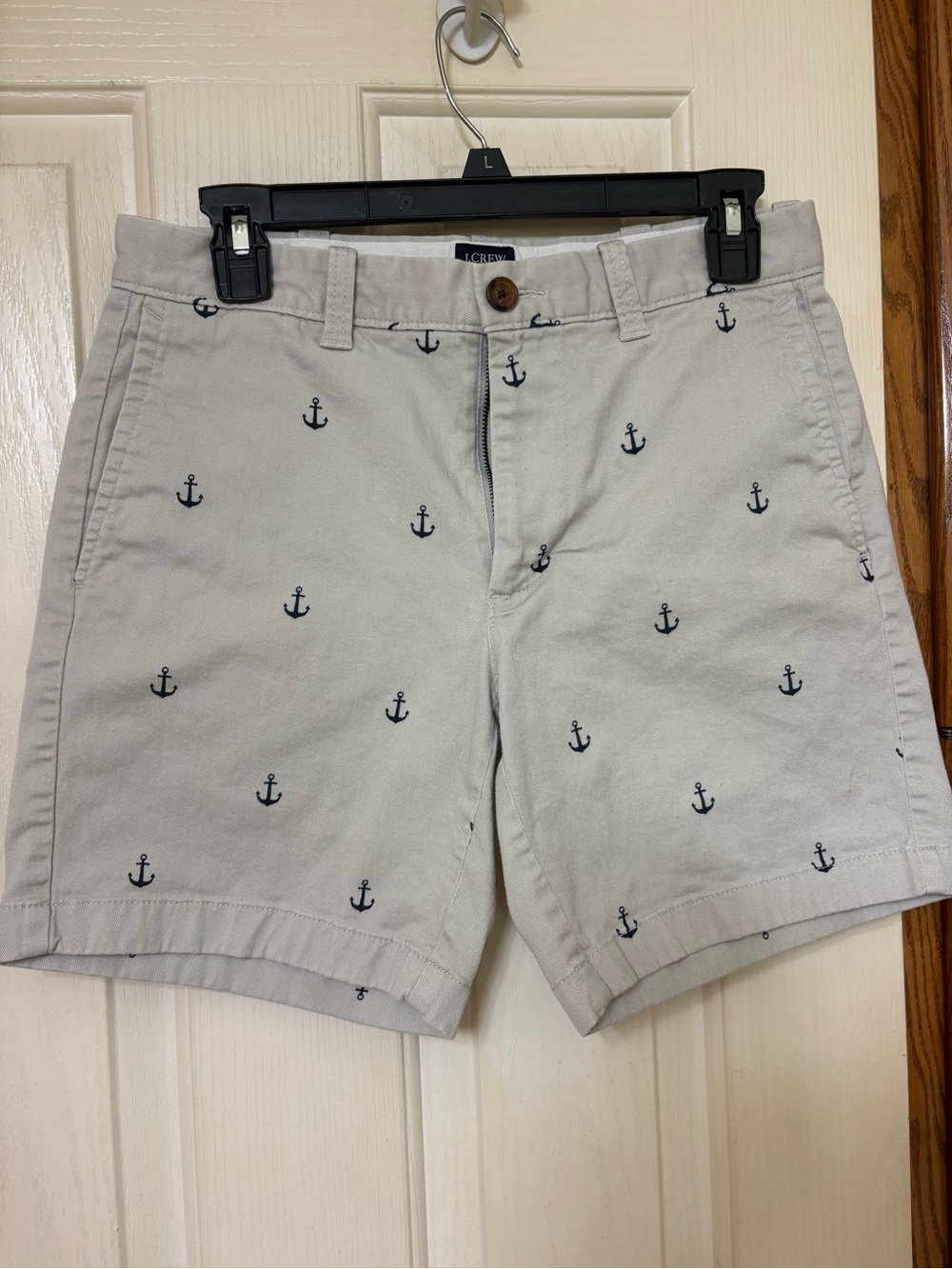 J. Crew Men’s Light Gray Chino Shorts with Navy Anchor Embroidery